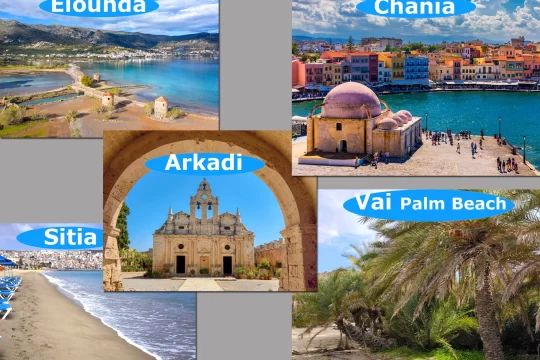 Collage of top attractions in Crete, including the ancient ruins, the white sand and clear waters of Sitia Beach, the turquoise waters and the unique palm forest and beautiful beach of Vai Palm Beach.