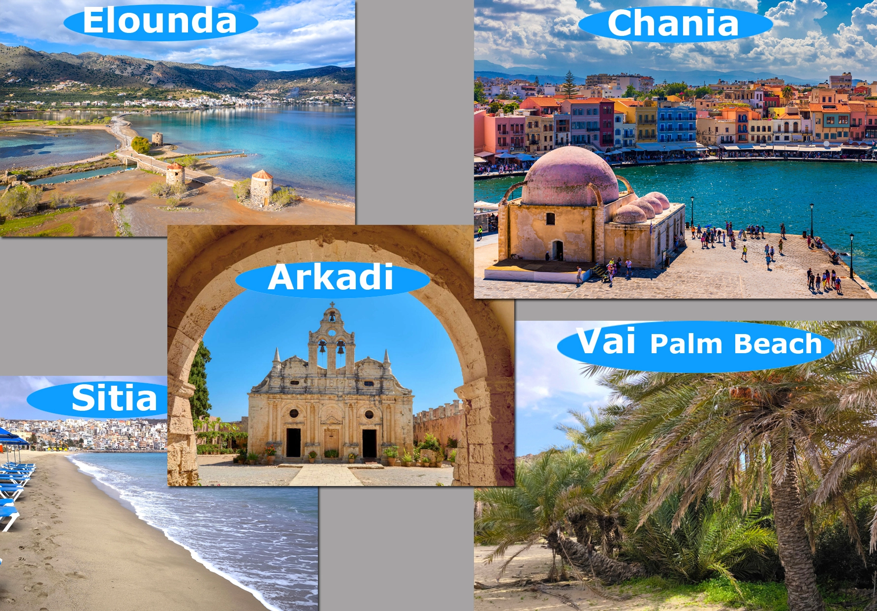 Collage of top attractions in Crete, including the ancient ruins, the white sand and clear waters of Sitia Beach, the turquoise waters and the unique palm forest and beautiful beach of Vai Palm Beach.